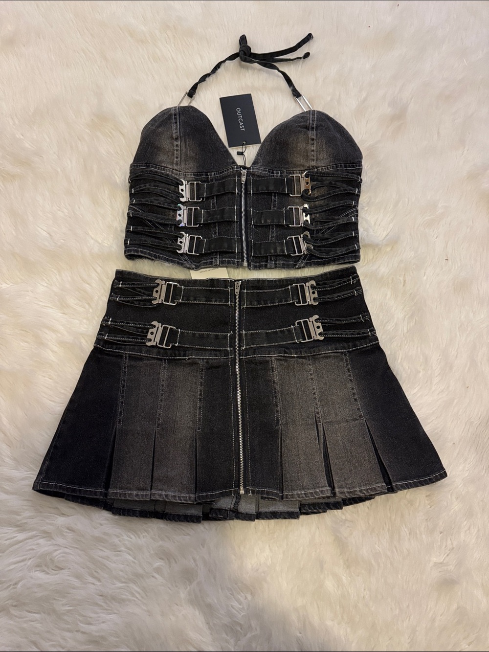 Outcast Black Denim Buckle Bustier & Pleated Mini Skirt Set